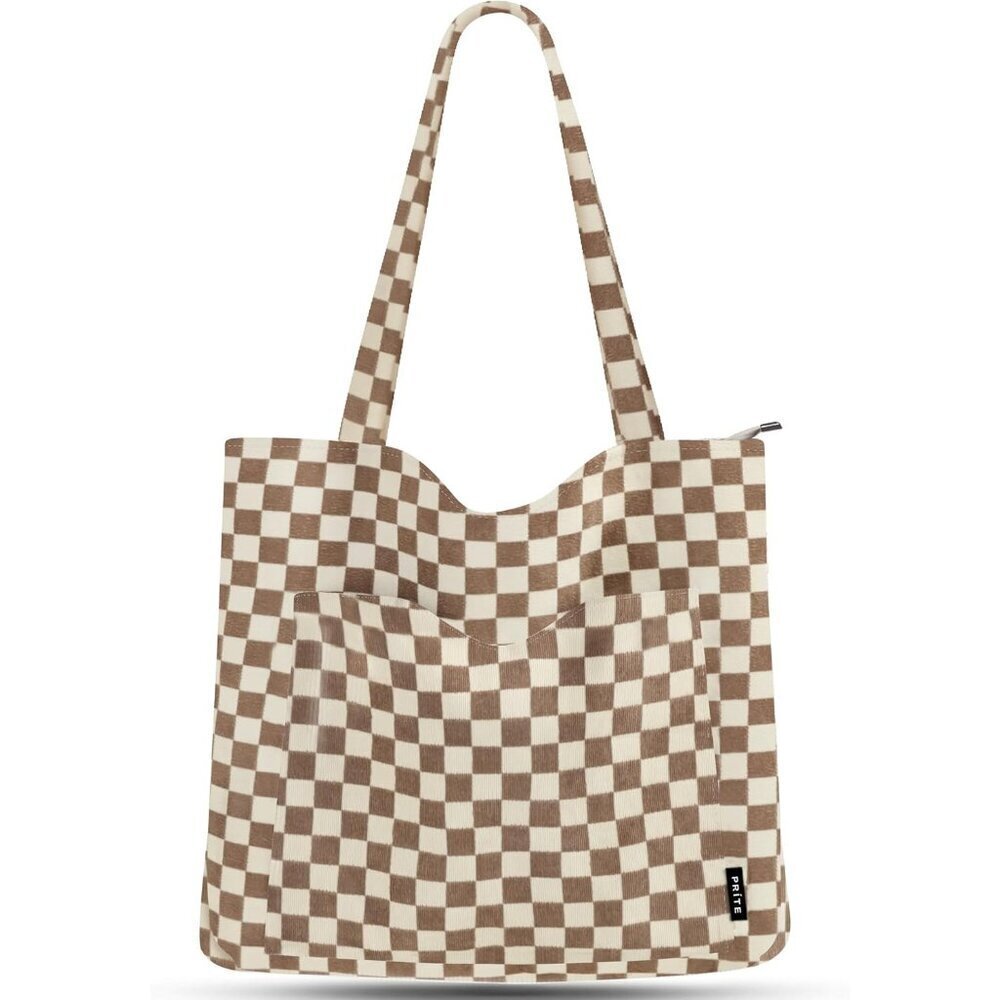 Women CheckeredBrown Corduroy Shoulder Tote Shopping Bag with Zipper and Pockets